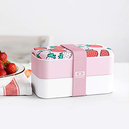Monbento - Bento Box Mb Original Strawberry With Compartments - 2 Tier Leakproof Lunch Box For Work And Meal Prep - Bpa Free - Food Grade Safe - Strawberries Flowers - Pink & White #TOP3