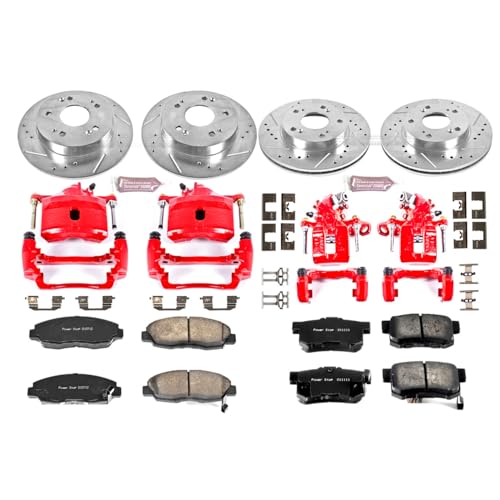 Image of PowerStop Front and Rear Brake & Caliper Kit for Honda Civic 2006-11 - Carbon-Fiber Ceramic Brake Pads + Drilled & Slotted Rotors + Red Powder Coated Calipers, KC2385