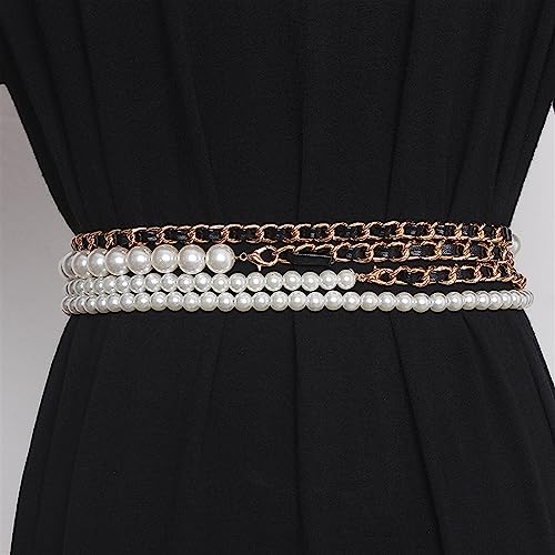 Fashion Versatile Pearl Decoration Leather Belt Women's Dress Pants Skirt Long Waist Decoration Waist Chain2