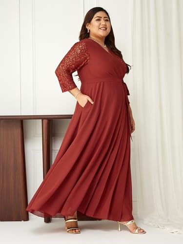 Image of Miss Chase A+ Women's Floral Printed Relaxed Fit V -Neck 3 /4Th Sleeve Georgette Maxi Dress