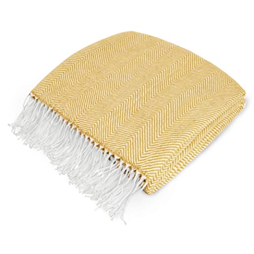 PAVILIA Yellow Herringbone Throw for Couch, Decorative Outdoor Accent Blanket, Faux Cashmere, Lightweight, 50x60