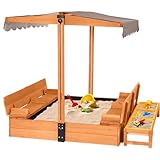 Wooden Sandbox with Cover | Large Sandpit for Kids Outdoor with Adjustable Canopy Backyard Play | w/Movable Toy Bins
