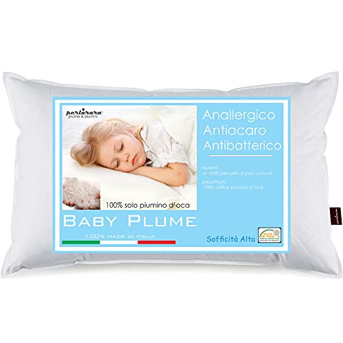 PERLARARA - Guanciale il Cuscino Bambino da 24 mesi 40x60 cm culla Baby Plume 100% Piumimo d'Oca Antisoffoco Lettino morbido soffice Federa Antiacaro Percalle anallergico
