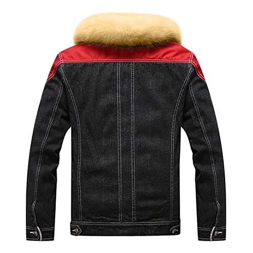 Mens Jacket Fall Winter Color Block Fur Lapel Fleece Warm Denim Jackets - image 6