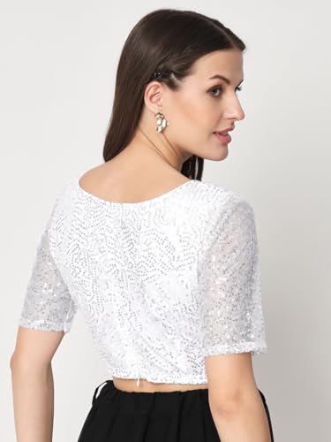 Image of studio rasa Women's Net Sequin Embroidered Sheer Sleeves Readymade Saree Blouse for Wedding Festive Party