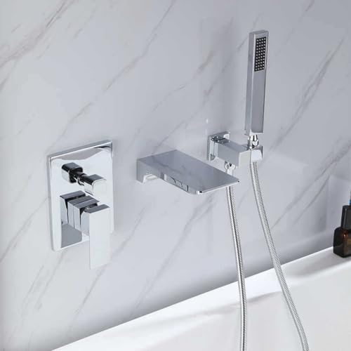 Mitigeur de bain-douche gris avec robinets cascade muraux et douchette - 6