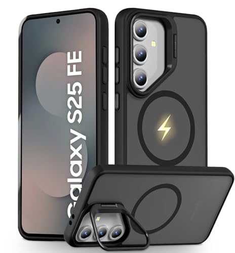 Image of DIZORO Polycarbonate Samsung Galaxy S25 FE Case Compatible with Mag Safe & Wireless Charging,with Camera Stand,Military Grade Drop Tested,Translucent Hard Back Soft Edge Back Cover (Black)