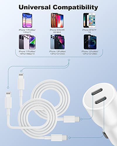 [Apple Mfi Certified] Iphone Car Charger Fast Charging For Iphone 14/13/12/11 /Xs/Xr/Se Pro Max Plus Ipad,Dual Usb C Car Charger Adapter Cigarette Lighter With 2Pack C To Lightning Cable #TOP6