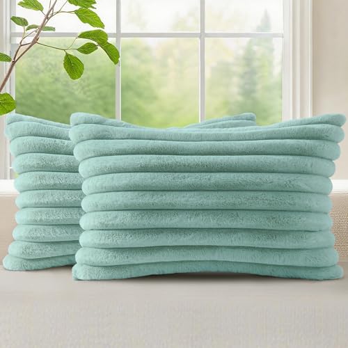 Image of decorUhome Fall Cozy Faux Fur Throw Pillow Covers 12x20 Set of 2 Decorative Soft Plush Striped Lumbar Modern Farmhouse Boho Couch Pillow Cases with Velvet Back for Sofa Bed Living Room, Aqua