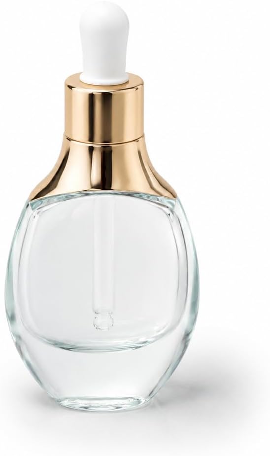 30ml Empty Oval Clear Glass Dropper Bottle, Luxury Gold Collar White Rubber Pipette Refillable Vial for Face Serum Essential Oil Aromatherapy Skincare Travel Cosmetic Container