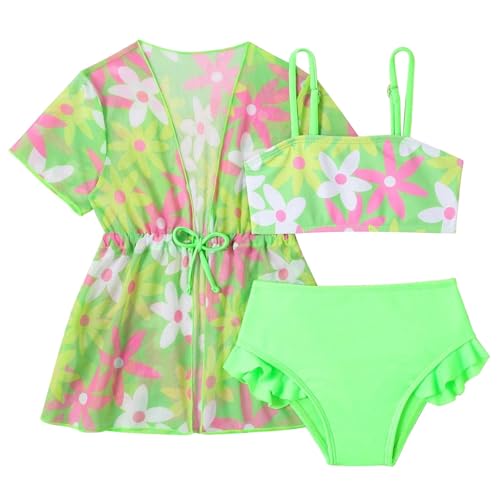 Cute Flower Print Swimsuit for Girls 3 Piece Bikini Bathing Suit & Sun 𝐏rotection Cover Up Shirt Swimwear Sets