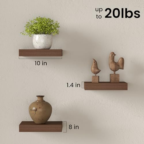 Image of Fun Memories Floating Shelves for Wall with Invisible Brackets, 10 Inch Wall Mounted Wood Shelves with Wood Grain for Living Room, Bedroom, Bathroom, Kitchen Decor and Storage, Walnut - Set of 3