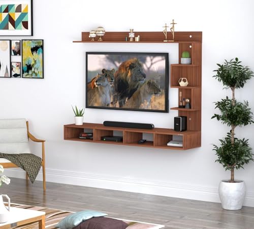 Image of Anikaa Kasey LED Light Wall Mount TV Unit Engineered Wood TV Cabinet Wall TV Stand for Living Room- (Walnut) (Ideal for 55 Inch)(D.I.Y)