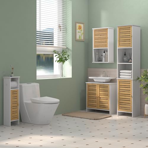 Meuble Sous Vasque 60x30 Blanc, Portes Bambou HOMCOM