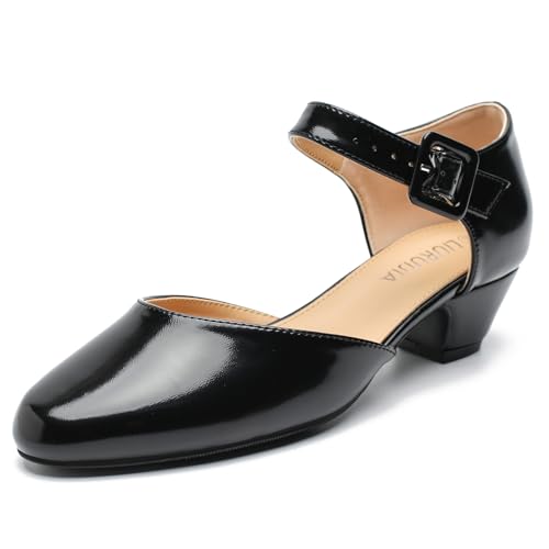 LIURUIJIA Women's Low Block Chunky Heels Closed Toe Ankle Strap Work Wedding Dress Pumps Shoes Black PU 40 US 8
