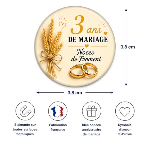 Badgmania Magnet Aimant 3 Ans de Mariage – Noces de Froment – Cadeau Romantique Couple Élégant – Souvenir Anniversaire Raffiné – Fabriqué en France – Ø 38 mm – vue 3