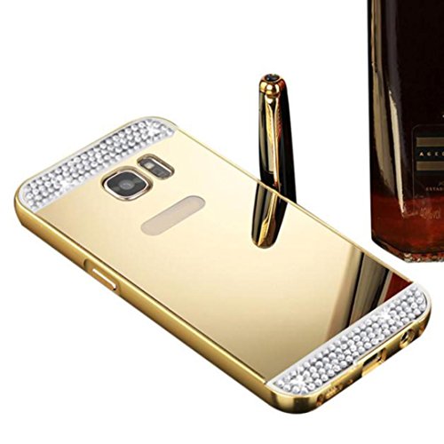 Creazy Rhinestone Metal Frame PC Mirror Back Case Cover For Samsung Galaxy S7 Edge (Gold)