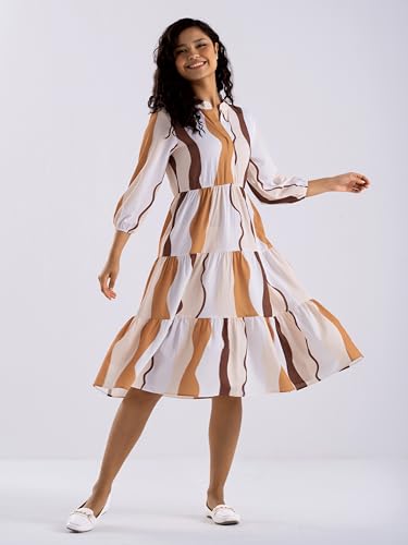 Image of AASK Women Diamond Creap Striped Printed Mandarin Collar Fit & Flare Dresss