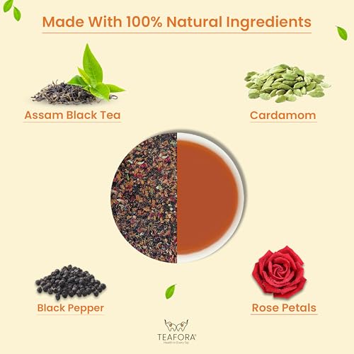 Image of TEAFORA Blooming Rose Black Tea | Assam Loose Leaf Tea | Robust & Flavorful | Blended with Rose Petals, Cardamom, Saffron & Almond | 100% NATURAL INGREDIENTS - 100g