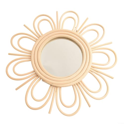 Kivivaka Espejo de pared de ratán bohemio, 28 cm, redondo, tejido a mano, marco de mimbre beige con centro de cristal de 18 cm, arte vintage para dormitorio, sala de estar, baño
