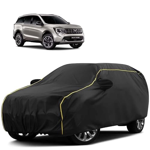 Image of Sulfar 100% Water Resistant Car Body Cover Compatible with Mirror for Mahindra XUV 7XO (Triple Stitched, Full Bottom Elastic, Black Tafetta with Yellow Piping)
