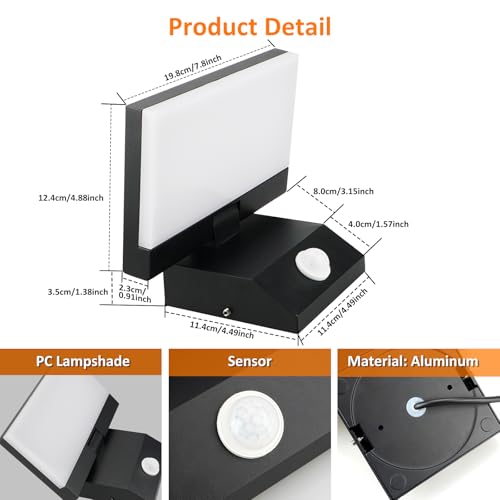 APAKA 18W Outdoor/Indoor Wall Light with Motion Sensor Adjustable Aluminum Wall Lamp with Swiveling LED Panel Waterproof IP67 Warm White 3000K Black for Entrance Garden Terrace - Image 2