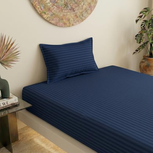 Image of Filymore Double Bedsheet for Double Bed | Navy Blue Stripe Bedsheet | 240 TC Soft Microfiber Bed Sheet with 2 Pillow Covers | Striped Bedding Set, Breathable, Wrinkle & Fade Resistant | 90 x 95 Inches