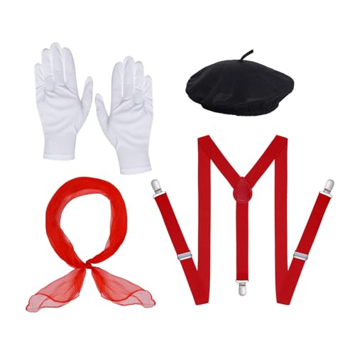 4Pack Women Mime Artist Costume Accessories Girl French Mime Costume Halloween Mime Outfit with Beret Suspender Gloves Scarf for Halloween Mime Dress Up Costume