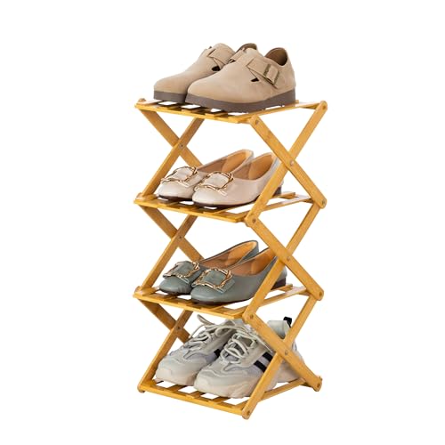 TlaroRiz 4-Tier Bamboo Small Shoe Rack Compact Foldable Free Standing