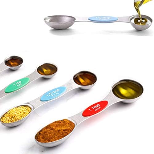 Magnetic Measuring Spoons Sets of 9, WOVTE Dual Sided Stainless Steel Stackable Teaspoon Tablespoon with Colorful Scale and Leveler, Fits in Spice Jars for Measuring Dry and Liquid Ingredients
