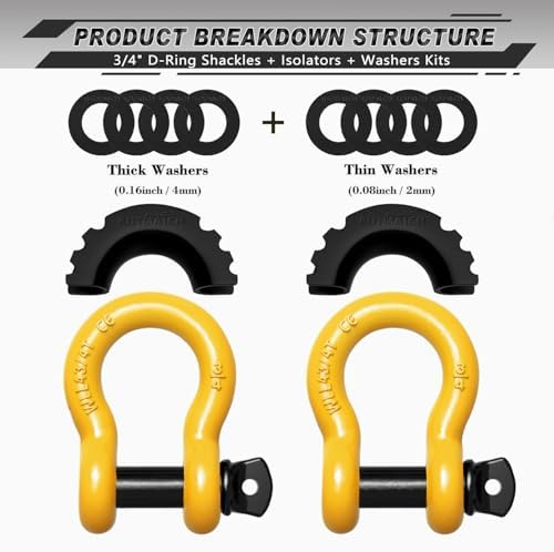 AUTMATCH Shackles 3/4" D Ring Shackle (2 Pack) 41,887Ib Break Strength with 7/8" Screw Pin and Shackle Isolator & Washers Kit for Tow Strap Winch Off Road Towing Jeep Vehicle Recovery Yellow & Black