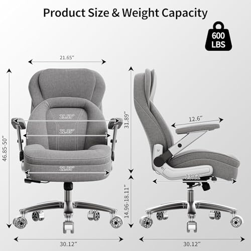 Image of Big and Tall Office Chair, 600lbs Heavy Duty Desk Chair with 5D Arms, Adjustable Lumbar Support & Height, Tilt Function, Fabric High Back Ergonomic Executive Computer Chair with 3'' Casters