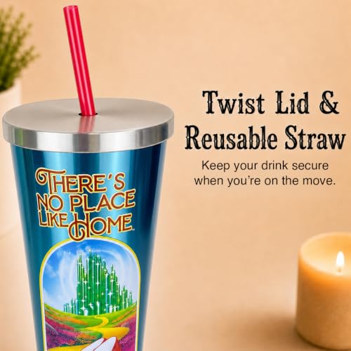 Image of Spoontiques Wizard of Oz Stainless Steel Tumbler, 24oz - Double Wall Insulated Travel Cup with Straw - Ruby Slippers
