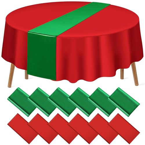 Image of 12Pack 12x108Inch Satin Table Runner and 84Inch Round Plastic Tablecloths Set Christmas Red and Green Disposable Table Cloth Cover for New Year Christmas Wedding Holiday Anniversary Party Decorations