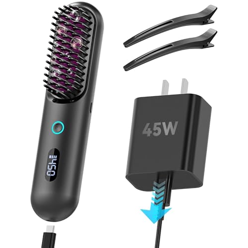 Upgrade Cordless Hair Straightener Brush, Portable Straightening ...