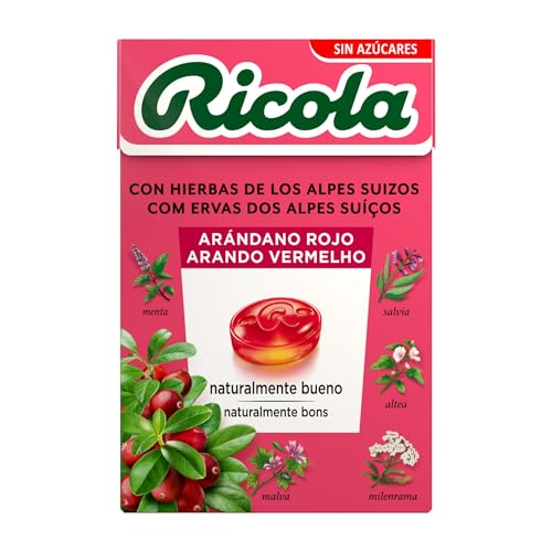 Ricola - Arándano Rojo, Caramelos Duros Sin Azúcar, Refresca, Alivia la Garganta y la Respiración, 13 Hierbas Suizas y Aceites Esenciales, con Edulcorantes - Caja 50 g