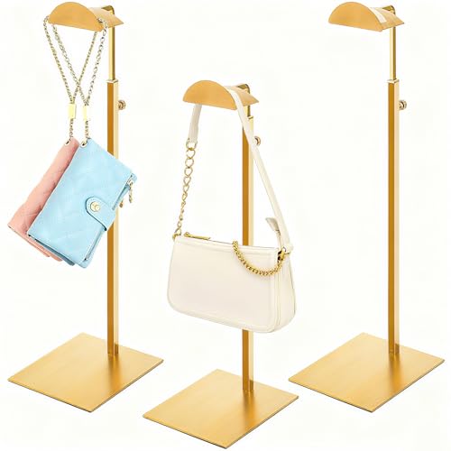 Hacaroa Set of 3 Purse Display Stand Stainless Steel Adjustable Metal Handbag Holder Gold Tabletop Bag Rack Single Hook Jewelry Display Stand for Closet Boutique Store