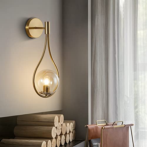 Image of KCO Lighting Glass Globe Wall Mounted Sconce Gold Teardrop Wall Sconce Vintage Cordless Sconces Wall Lighting for Stairwell Bathroom Bedroom (Gold + Amber)