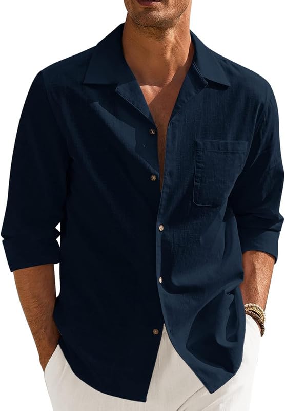 Men’s Casual Cotton Blend Shirt || Long Sleeve Button Down with Spread Collar || Lightweight Breathable Fabric || Stylish Solid Color Shirt for Beach, Office & Everyday Wear