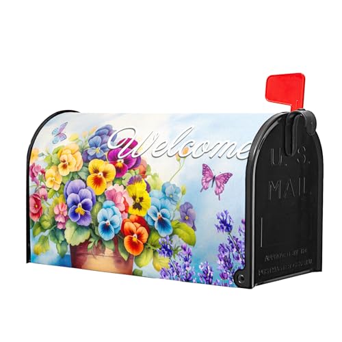 Image of Welcome Spring Summer Magnetic Mailbox Cover - Standard Size 18 X 21 Inch With Flowers and Butterfly - Floral Wraps for Post Letter Box - Outdoor Garden Yard Home Outside Decoration