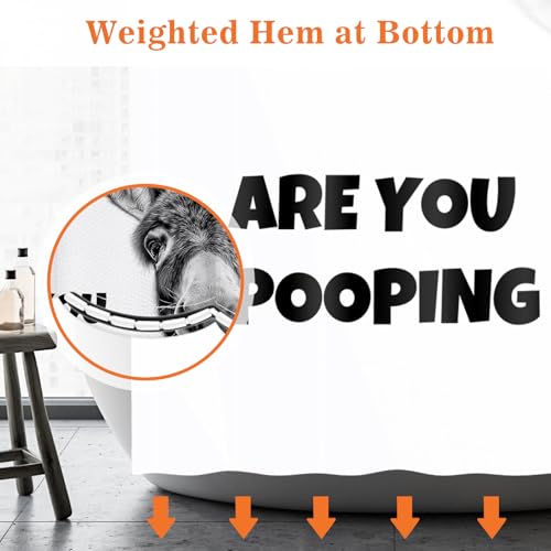 Image of Aimego Funny Donkey are You Pooping Shower Curtain Novelty Hilarious Whimsical Rustic Farmhouse Black and White Bathroom Bath Decor Bathtub Curtain Fabric Shower Curtain Set with 12 Hooks, 72 inchx72 inch