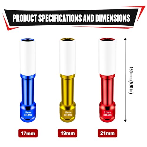 Image of YIYITOOLS 3Pcs 1 /2 inch Drive Impact Lug Nut Socket Set, 150mm Extra Long Deep Sockets, 6-Point Thin Wall Sockets (17 19 21mm), CR-MO, Non-Marring & Anti-Scratch for Wheel Lug Nut Remover