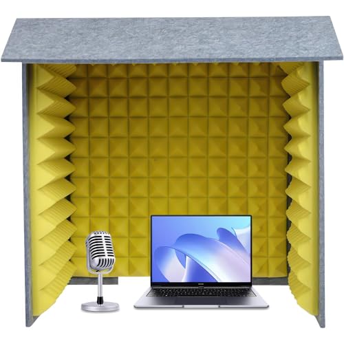 防音室 1人用 80×80×80cm 簡易防音ブース 吸音材5cm フェルト製｜外側グレー/内側イエロー 吸音・遮音 ノイズ低減｜卓上防音ボックス｜在宅ワーク｜電話営業・コールセンター オンライン商談 録音・発音練習 間仕切り 騒音対策 組立簡単