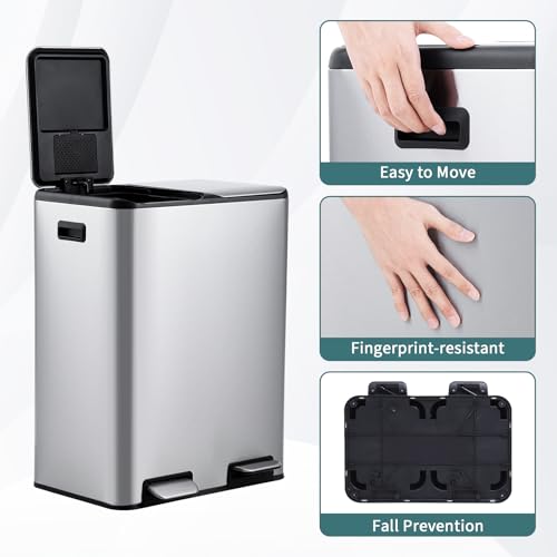 Mülleimer Küche,2 x 30L Mülltrennsystem Edelstahl Mülleimer 2 fächer tretmülleimer Doppeldeckel mülltrennung getrennten Fächern berührungsfreie Bedienung geräuscharme für Küche Haushalt