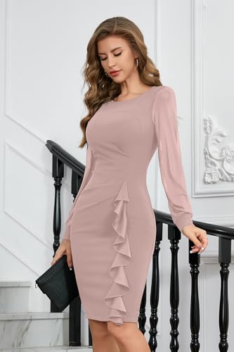 Image of IHOT 2026 Women's Long Sheer Sleeve Ruched Sheath Bodycon Cocktail Party Work Dress