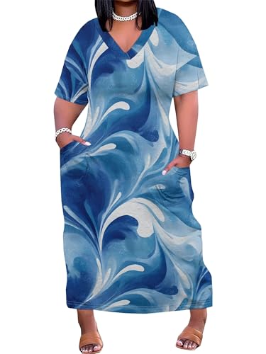 Image of PinkPatty Women's Plus Size Short Sleeve Maxi Dress Casual Loose V Neck Long Dress with Pockets