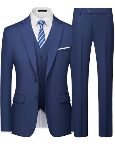 Autsel Anzug Herren Slim Fit 3-teilig Business Anzüge 2-Knopf Herrenanzug Sakko Weste Hose knitterarm für Business Hochzeit & Festliche Anlässe Marineblau L