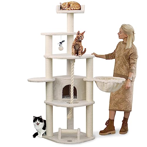 HAPPYPET Kratzbaum Große Katzen Stabil 'Mogli' 167 cm hoch - 9 cm Dicke Stämme, XXL Liegemulde, Spieltau & Kratzrolle, Katzen Spielbaum, Creme