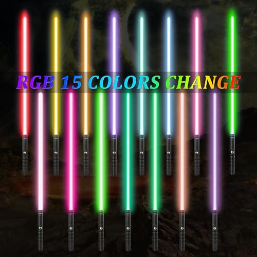 Image of JVMU Lightsaber Rechargeable Cosplay RGB 2 pcs, connectable 2-in-1 Lightsaber 7 RGB Color Advanced Alloy hilt Lightsaber, with 3 Sound Modes, Halloween Easter Christmas Decoration (Black)