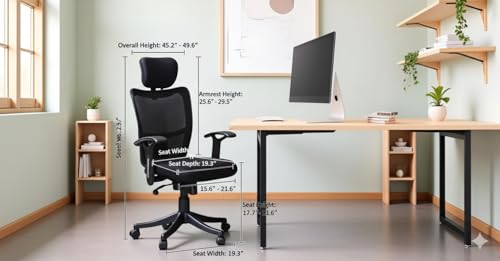 Image of Ergonomic Office Chair, Black, High Back Executive Mesh, Adjustable Height with Headrest, Rolling Wheels, for Home Office